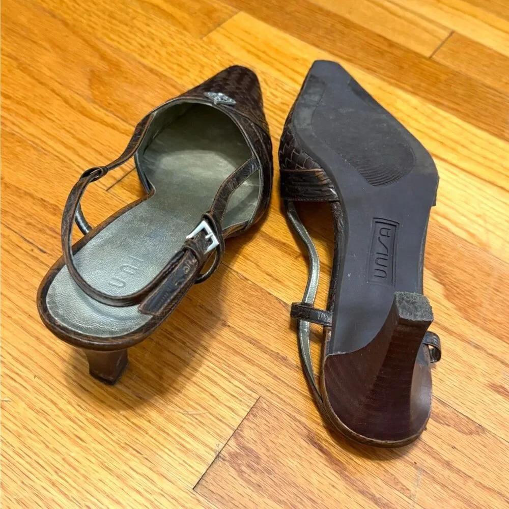 Vintage 90s UNISA Brown Leather Slingback Heels Pointed Toe Jewel Accent Sz 9.5